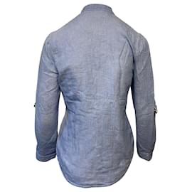 Balmain-Balmain Chemise à Manches Ajustables avec Poches en Lin Bleu-Bleu