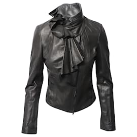 Diane Von Furstenberg-Diane Von Furstenberg Ruffle Moto Jacket in Black Leather-Black