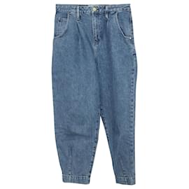 Frame Denim-Frame Pleated Barrel Leg Jeans in Blue Cotton Denim-Blue