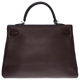 Hermès-Stunning Hermes Kelly handbag 35 returned shoulder strap in brown Togo leather , palladium silver metal trim-Brown
