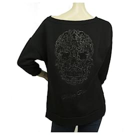 Philipp Plein-Philipp Plein Black Sheer Lace Front Rhinestones Skull logo Top Blouse Size S-Black