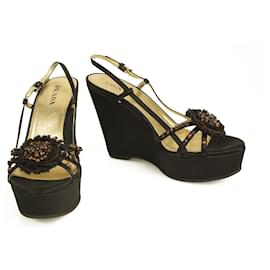 Prada-Prada Black Satin Brown Beaded Flower Platform Slingback Heels Wedges size 39.5-Black