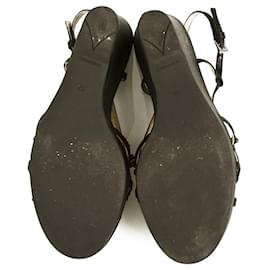 Prada-Prada Black Satin Brown Beaded Flower Platform Slingback Heels Wedges size 39.5-Schwarz