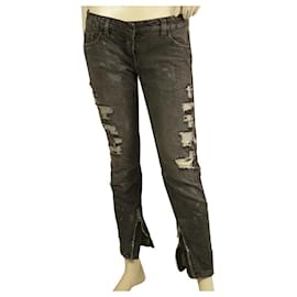 Balmain-Pantaloni Donna Balmain Strappati in Jeans Denim Grigio Zip a vita bassa slim fit Tg 38-Grigio