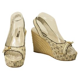 Louis Vuitton Escarpins à talons compensés en toile blanche Mini Lin Monogram 37 Multicolore