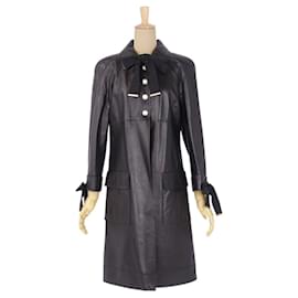 Chanel-*[Used] Chanel Coat P55907 Fake Pearl Coco Mark Lambskin Ribbon Long Coat Outer Black Size 36 (S equivalent)-Black