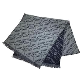 Fendi-*[Used] FENDI Logo Pattern Muffler Knit Wool Hair 100 % Reversible Gray Navy-Grey