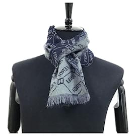 Fendi-*[Used] FENDI Logo Pattern Muffler Knit Wool Hair 100 % Reversible Gray Navy-Grey