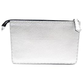 Fendi-NEW FENDI SELLERIA HAND POUCH BAG 7V A350 SILVER LEATHER CLUTCH POUCH-Silvery