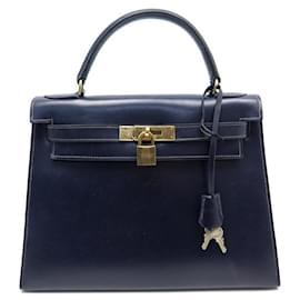 Hermès-VINTAGE HERMES KELLY HANDBAG 28 Sellier 1959 NAVY BLUE BOX LEATHER HAND BAG-Navy blue