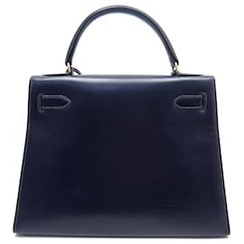 Hermès-VINTAGE HERMES KELLY HANDBAG 28 Sellier 1959 NAVY BLUE BOX LEATHER HAND BAG-Navy blue