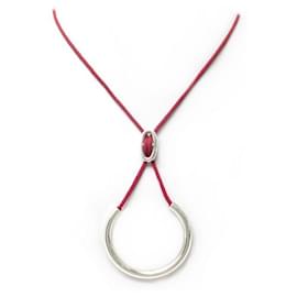 Hermès-HERMES FREGATE SAUTOIR NECKLACE IN STERLING SILVER & RED CORD SILVER NECKLACE-Red
