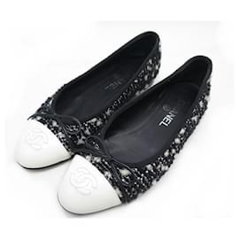 Chanel-CHANEL G SHOES02819 37.5 BLACK AND WHITE TWEED BALLERINAS FLAT SHOES-Other