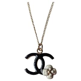 Chanel-CC 08A GHW Logo Camellia Enamel Black Collar con caja-Dorado