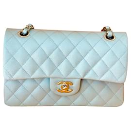Chanel-22P Chanel Classic lined Flap Caviar Leather Light Baby Blue.-Blue,Light blue