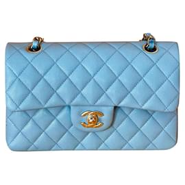 Chanel-22S Chanel Classic forrado Flap Caviar Couro Azul Claro Bebê.-Azul,Azul claro