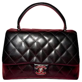 Chanel-Chanel Bolsa vintage com alça superior em pele de cordeiro.-Preto