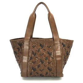 Cabas Brunello Cucinelli en cuir tressé camel et bandes Monili noires Marron