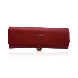 Prada Red Saffiano Leather Jewelry Roll Holder Travel Case Red