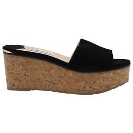 Jimmy Choo Dee Dee Cork Wedge Platform Slides em camurça preta Preto