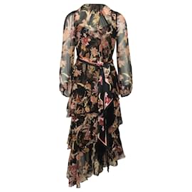 Zimmermann-Vestido midi Zimmermann Wavelength Floral em camadas com babados e amarração na cintura em seda preta-Preto