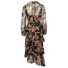 Zimmermann-Vestido midi Zimmermann Wavelength Floral em camadas com babados e amarração na cintura em seda preta-Preto