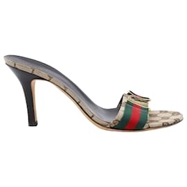 Gucci-Gucci GG GG Canvas and Vintage Web Slide Sandals in Beige Cotton-Beige