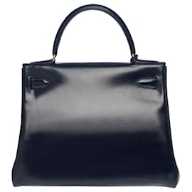 Hermès-Splendid Hermes Kelly handbag 28 turned shoulder strap in navy blue box leather, gold plated metal trim-Navy blue