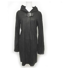 *[Usado] BALMAIN casaco de couro de cabra longo capuz com zíper preto 7 Preto