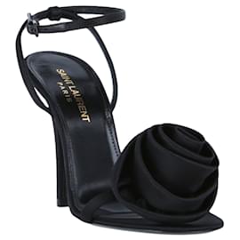 Saint Laurent-Ivy Floral Silk Heel Sandals-Black
