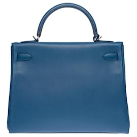 Hermès-Splendid Hermes Kelly handbag 32 turned over in Evercolor Bleu Agate leather, palladium silver metal trim-Blue