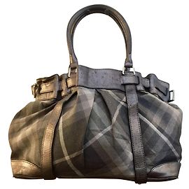 Large Burberry leather and canvas shoulder bag Silvery Grey Silver hardware