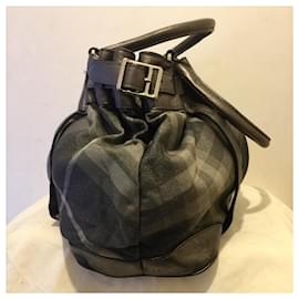Burberry-Large Burberry leather and canvas shoulder bag-Silvery,Grey,Silver hardware