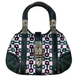 Gucci Mini Bolsa de Cetim Horsebit e Couro de Lagarto Branco Verde Roxo Branco Verde Roxo