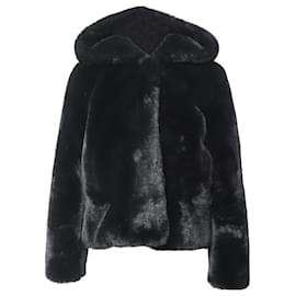 Sandro-Sandro Ondine Hooded Faux Fur Jacket in Black Polyester-Black