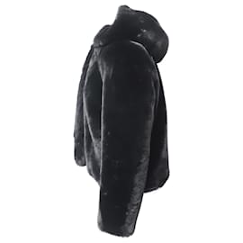 Sandro-Sandro Ondine Hooded Faux Fur Jacket in Black Polyester-Black