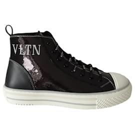 Valentino-Tênis de couro preto Valentino Montante-Preto