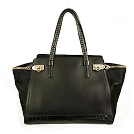 Salvatore Ferragamo-Salvatore Ferragamo black leather, pony fur & croc embossed tote shopper bag-Black