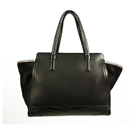 Salvatore Ferragamo-Salvatore Ferragamo black leather, pony fur & croc embossed tote shopper bag-Black