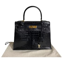 Hermès-Kelly bag 28 black crocodile smooth cc-Black
