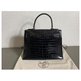 Hermès-Bolsa Kelly 28 crocodilo preto liso cc-Preto