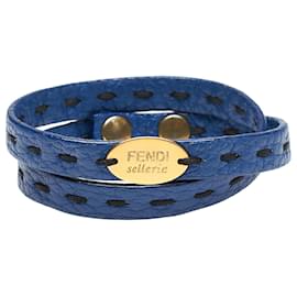 Fendi-Fendi Blue Selleria lined Wrap Leather Bracelet-Blue