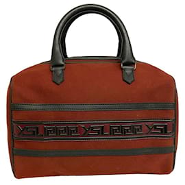 [Occasion] Yves Saint Laurent YSL Logo Cuir Toile Boston Sac à Main Mini Sac de Voyage Tote Bag Bicolore Noir Rouge