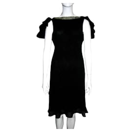 Marchesa-Marchesa Notte robe en soie noire avec bordure dorée-Noir