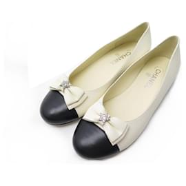 Chanel-NEW CHANEL SHOES BALLERINA STARS G30947 39.5 BLACK BEIGE LEATHER SHOES-Beige