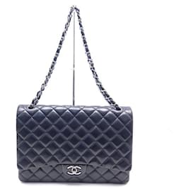 Chanel-CHANEL CLASSIC TIMELESS MAXI JUMBO BOLSA AZUL MARINHO COURO ACOLCHOADO-Azul marinho