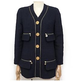 Chanel-VINTAGE CHANEL JACKET CHAIN BUTTONS S 36 NAVY BLUE WOOL TWEED JACKET-Navy blue