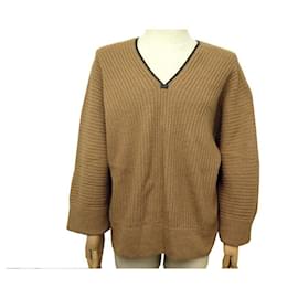 Hermès-HERMES V-NECK SWEATER SIZE 48 M IN CAMEL HAIR BROWN BROWN CAMEL HAIR SWEATER-Brown