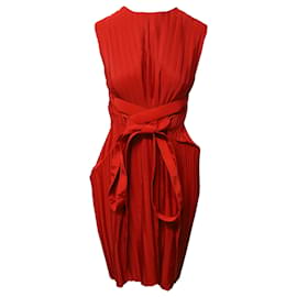 Victoria Beckham-Victoria Victoria Beckham Pleated Belted Dress in Red Polyester-Red