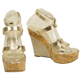 Casadei-Casadei Gold Leather Beaded Cork Platform Wedge Sandalias Tacones Zapatos 9.5-Dorado